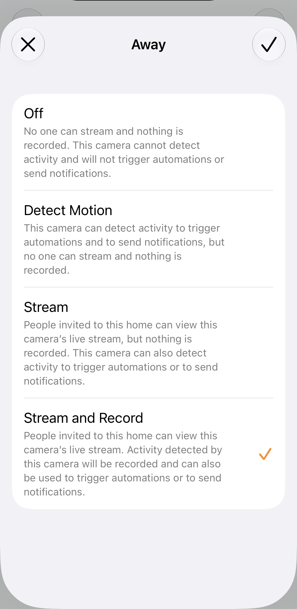 The Apple Home app's Away-mode camera options for the G100: Off, Detect Motion, Stream, and Stream and Record, with Stream and Record selected.
