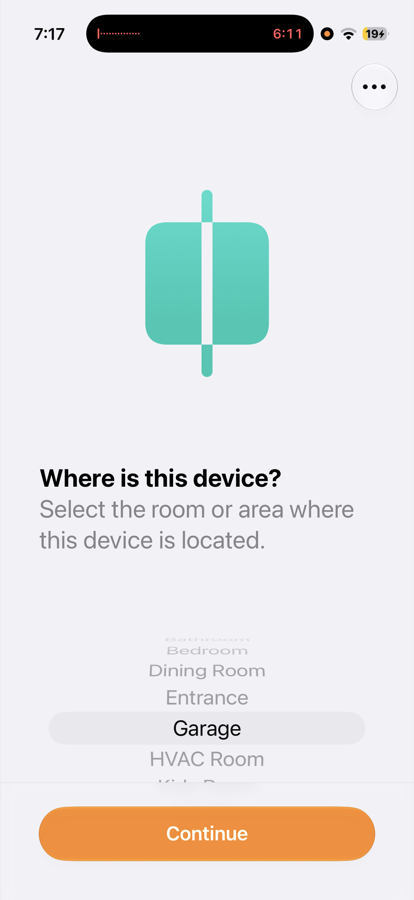 The Apple Home room picker with Garage selected.