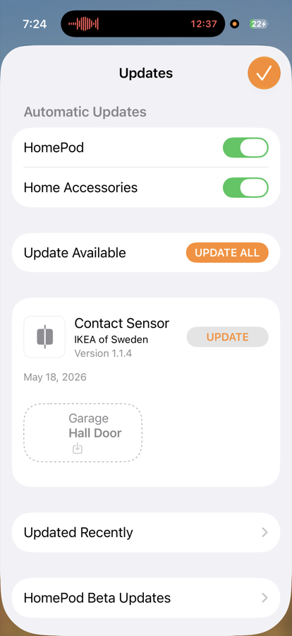 The Apple Home Updates screen showing a Contact Sensor update from IKEA of Sweden, version 1.1.4, dated May 18, 2026.