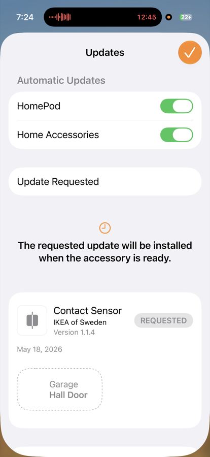The Apple Home Updates screen showing the update in the Requested state, with the note that it will be installed when the accessory is ready.